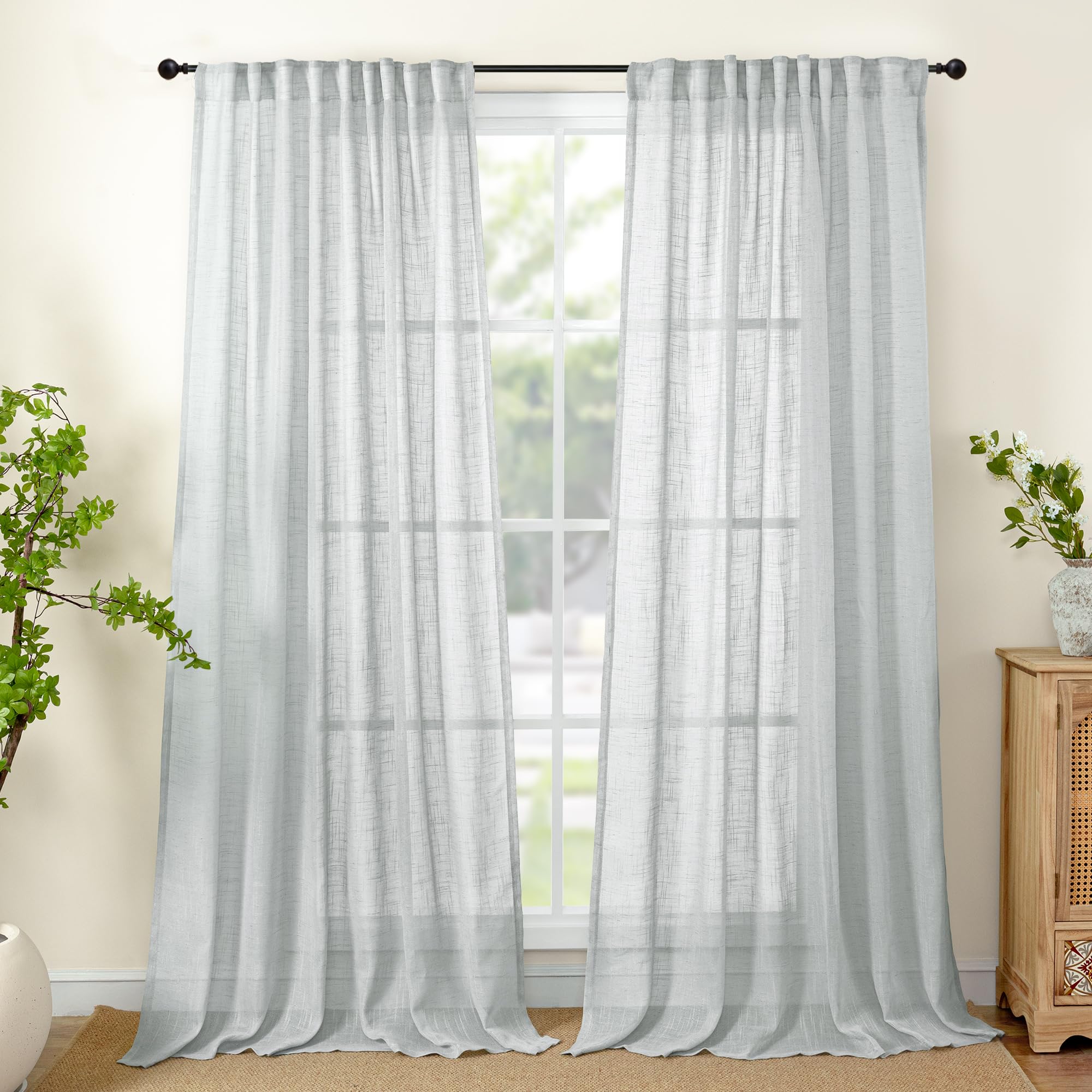 Light Grey Linen Semi Sheer Curtains 52 X 84 Inch Length for Living Room (2 Count)