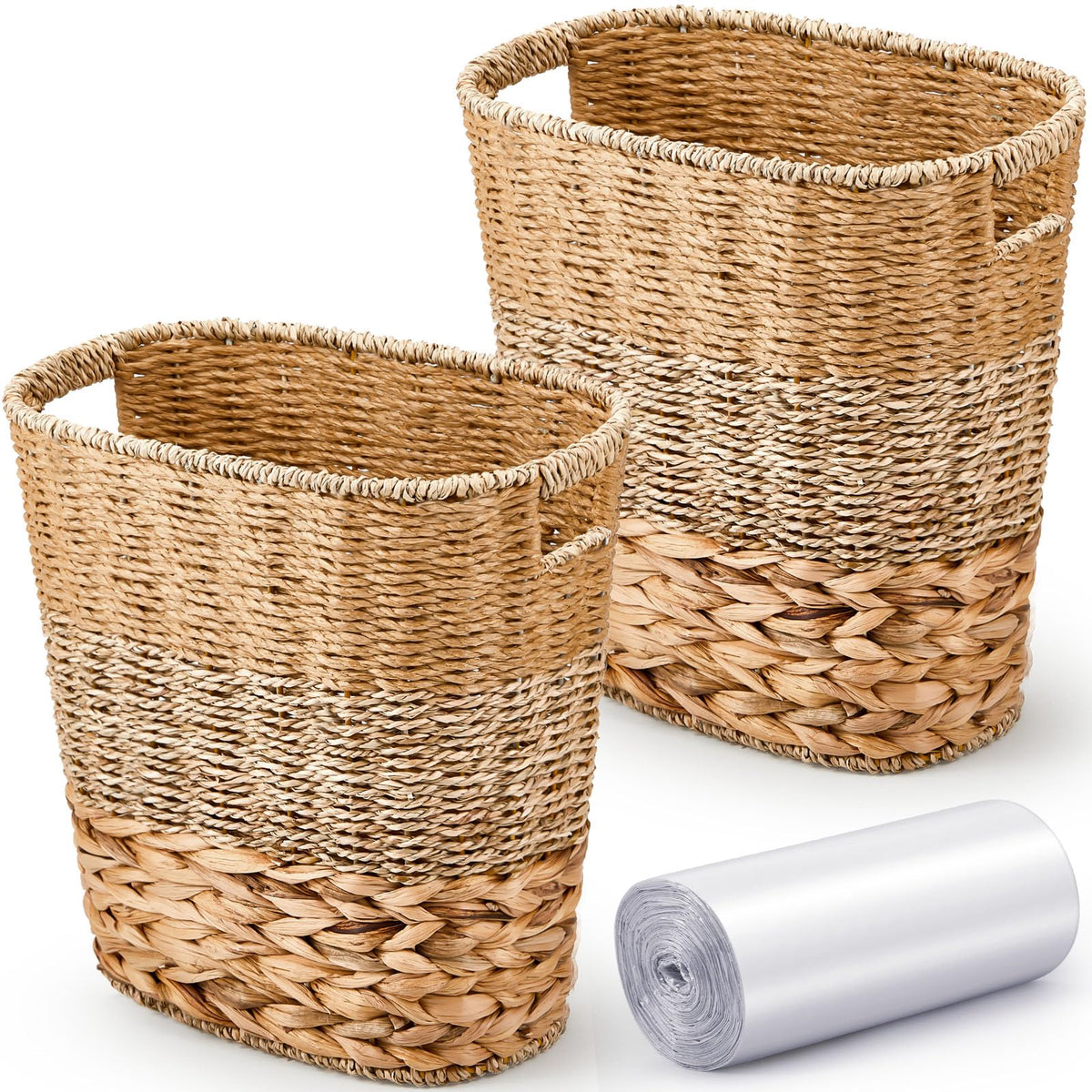 2 Pcs Wicker Trash Can with 50 Small Trash Bag Wicker Waste Woven Basket with Handles Clear Multi Use Garbage Bags for Bathroom Kitchen Bedroom (52 Count)