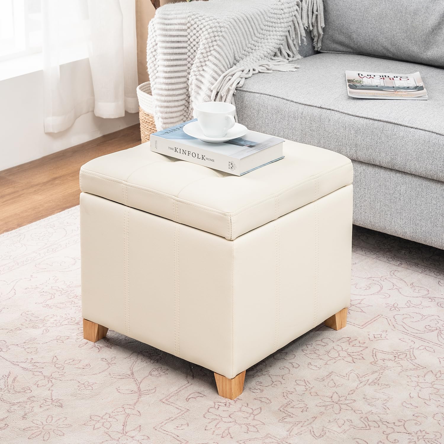Square Storage Ottoman with Hinged Lid