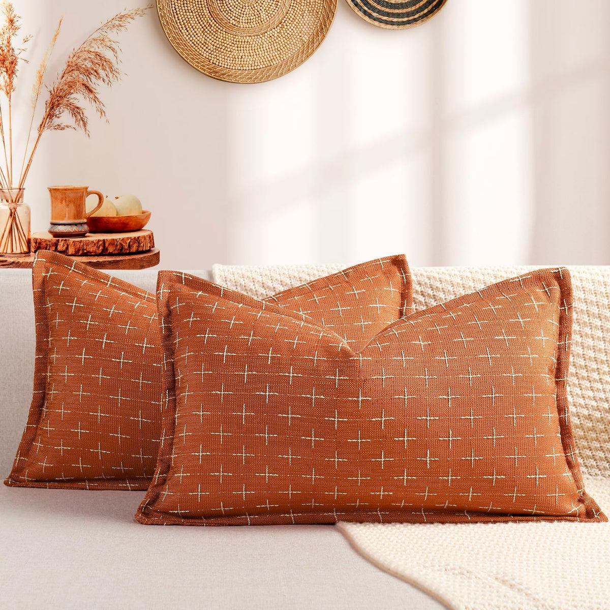 12x20 Pillow Covers Set of 2 Soft Polyester Textured Pillow Covers with Stylish Flange Edge Cozy Farmhouse Throw Pillows for Couch Bed Sofa Living Room (2 Count)