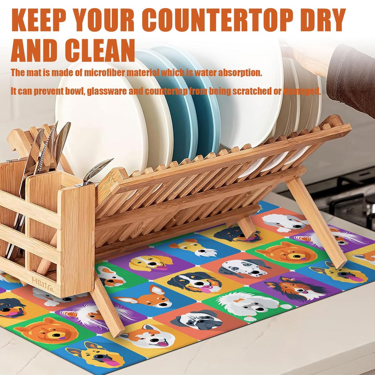 Cute Dogs Dish Drying Mat for Kitchen Counter Microfiber Absorbent Dish Kitchen Drying Mat Draining Reusable Washable for Dishes