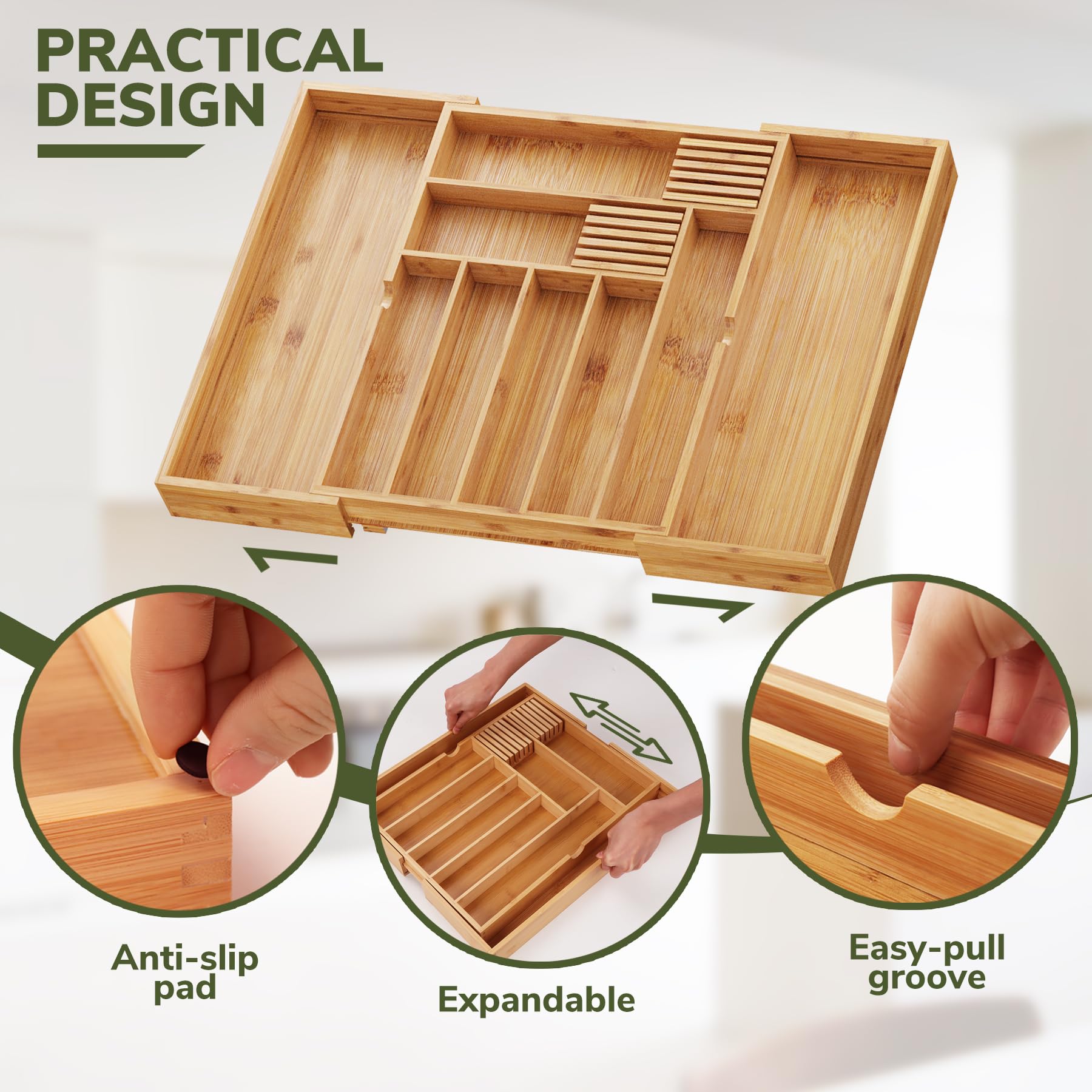 Bamboo Drawer Organizer Expandable Kitchen Silverware Organizer with 7