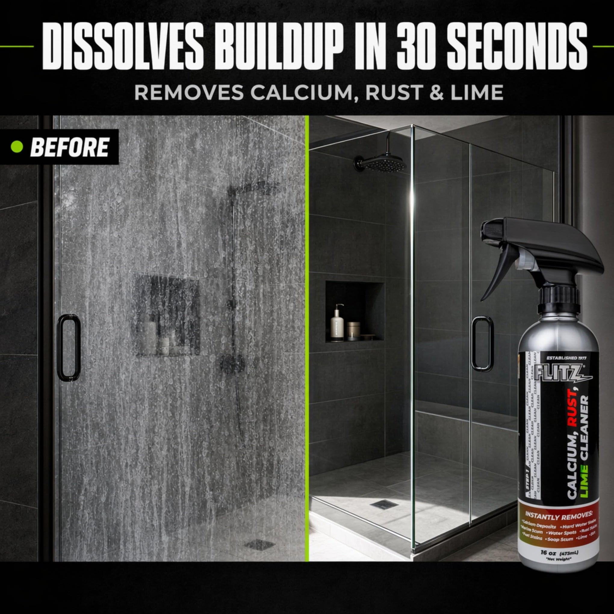 Calcium, Rust, & Lime Remover - 16oz Bottle of USA-Made Limescale Remover for Toilets, Showers, and More - Powerful Spray that Instantly Eliminates Tarnish, Grease, and Other Grime (1 Pack) (16 Fl Oz)
