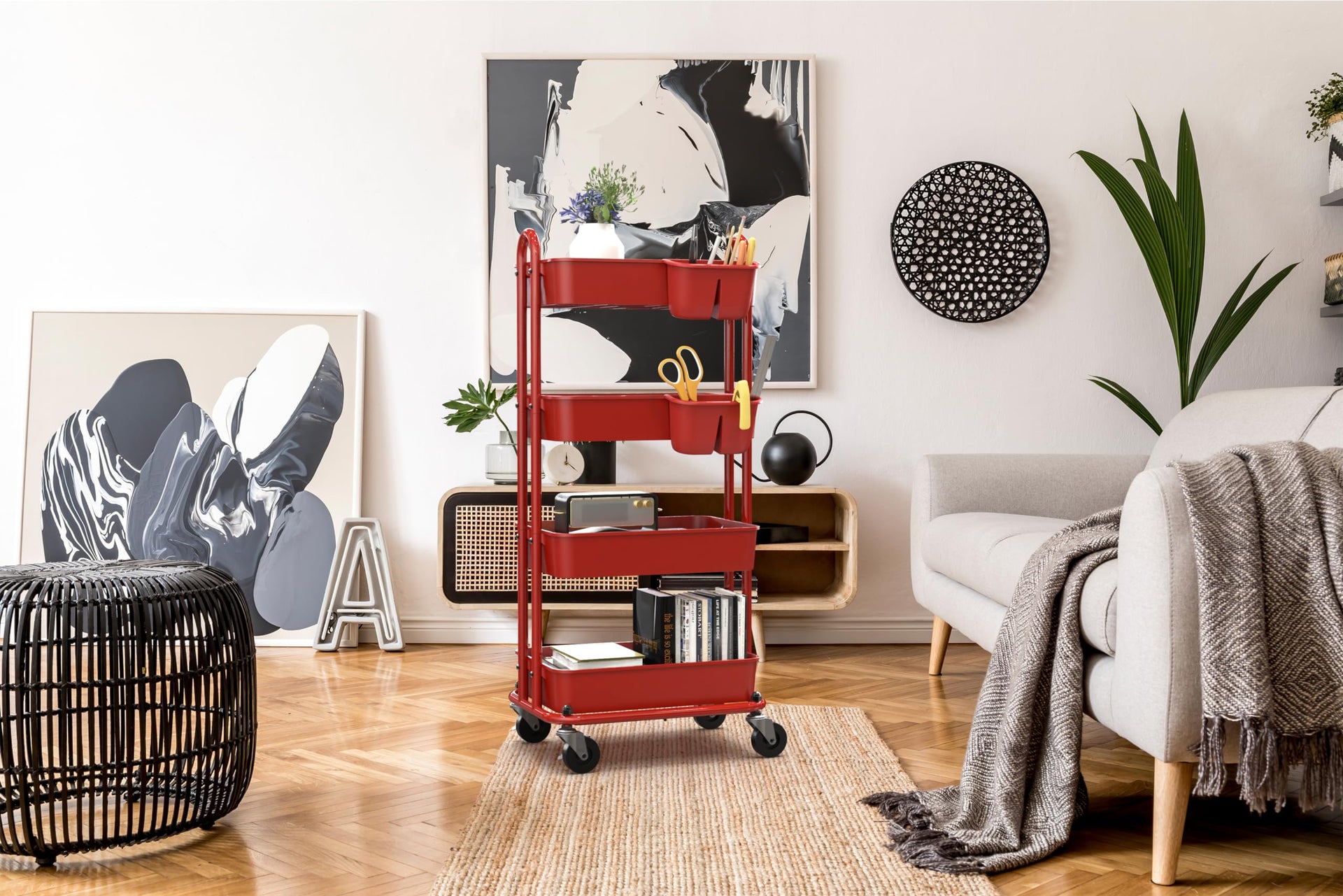 4 Tier Rolling Utility Cart with Hanging Bucket