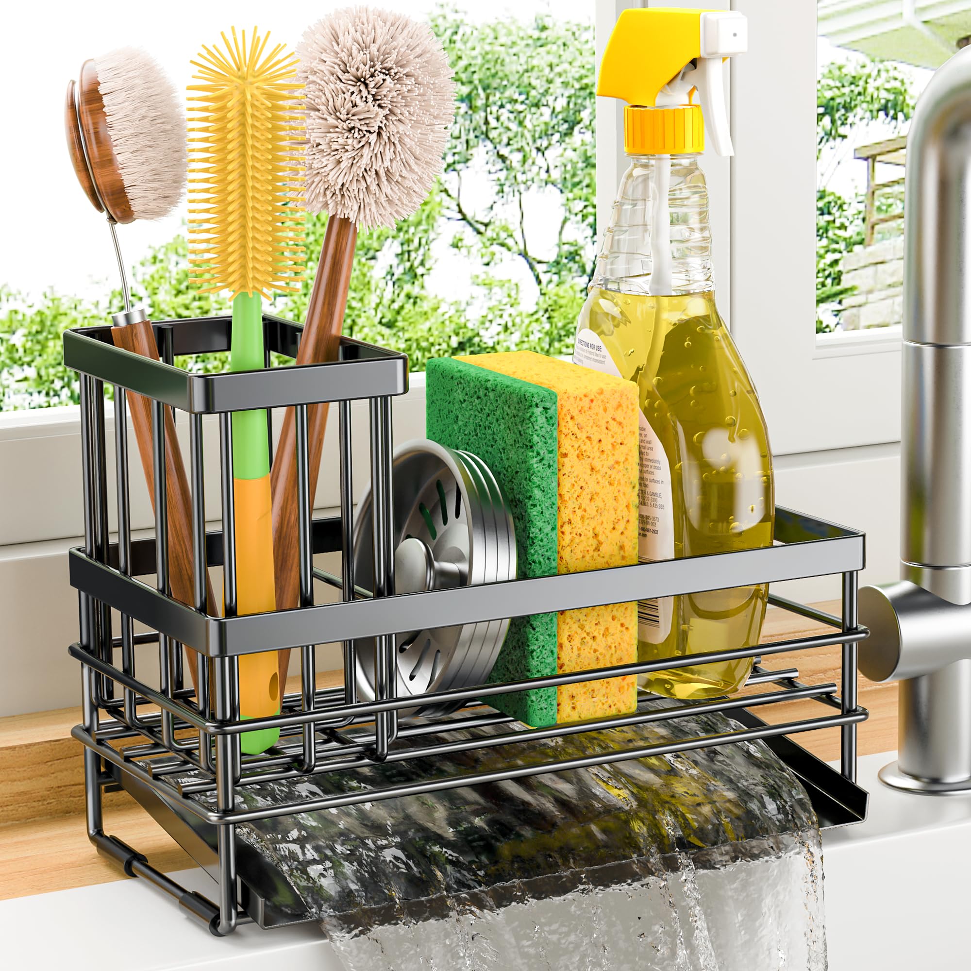 Sink Caddy Sponge Holder for Kitchen with Brush Holder and Stainless Steel Self Drain Tray
