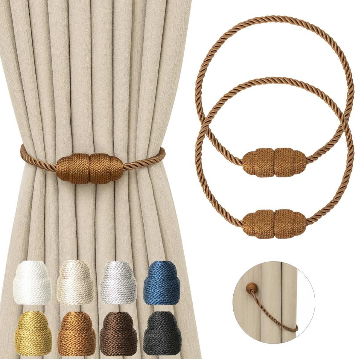 Magnetic Curtain Tiebacks Rope Curtain Tie Backs for Curtains 2 Pack Curtain Holders for Drapes Decorative Window Curtain Holdbacks (2 Count)