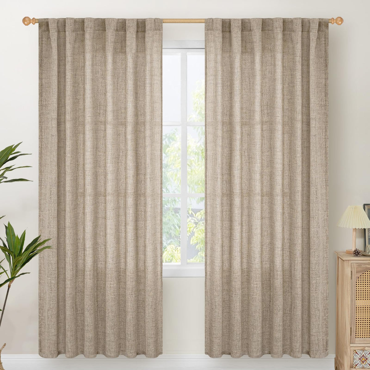 Dark Oatmeal Linen Semi Sheer Curtains 78 Inch Length for Living Room (2 Count)