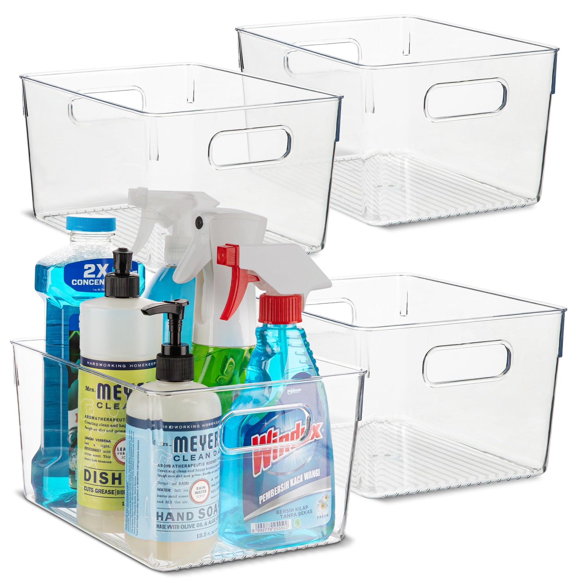 Plastic Food Storage 4 Pack Clear Container Bin with Handles for Organizing Kitchen