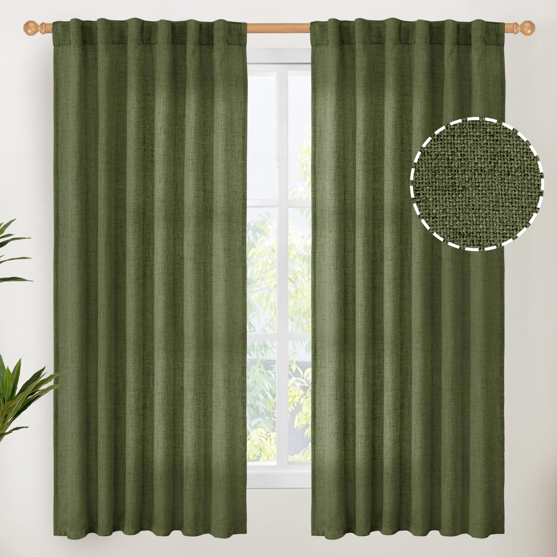 Olive Green Linen Curtains 63 Inch Length for Living Room (2 Count)