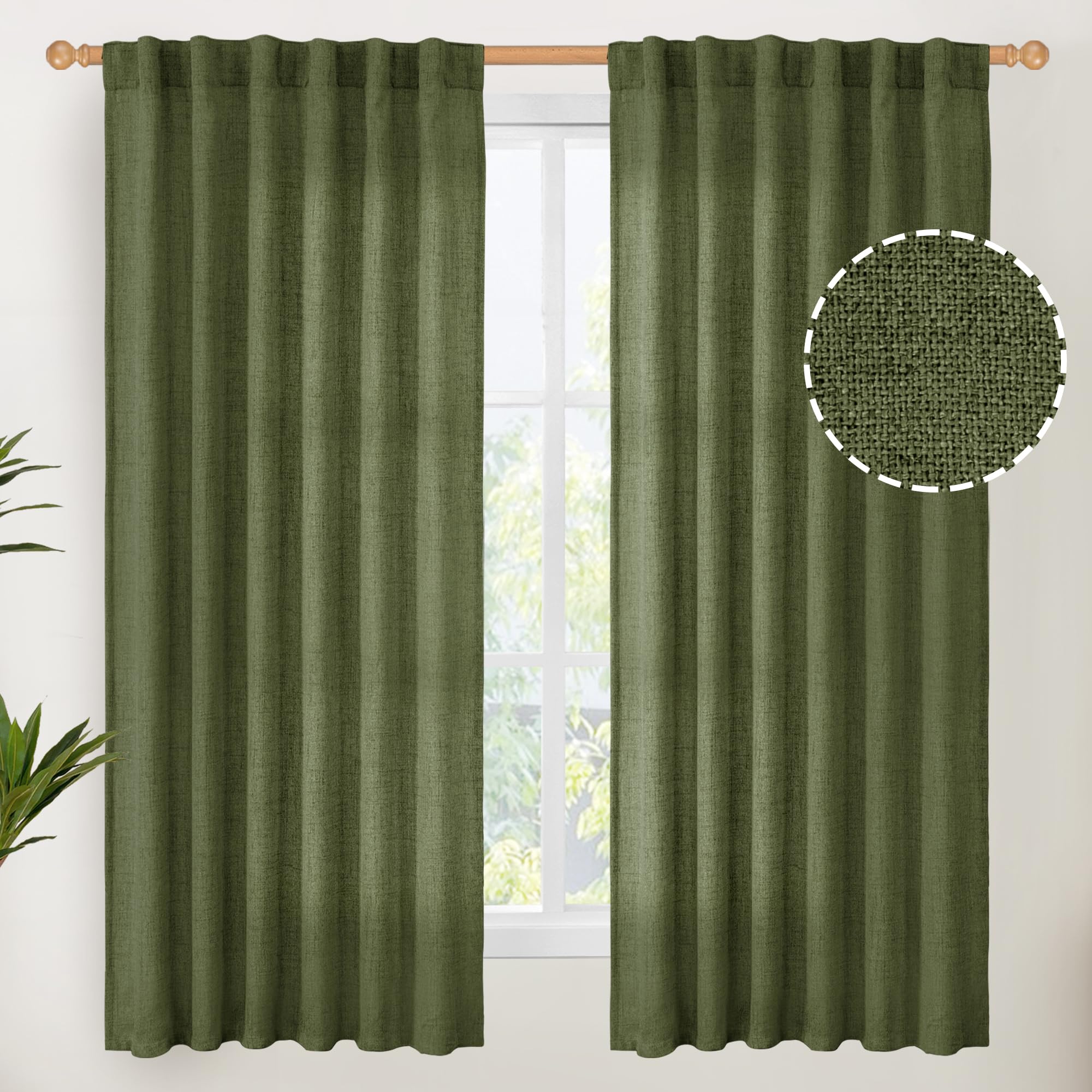 Olive Green Linen Curtains 63 Inch Length for Living Room (2 Count)