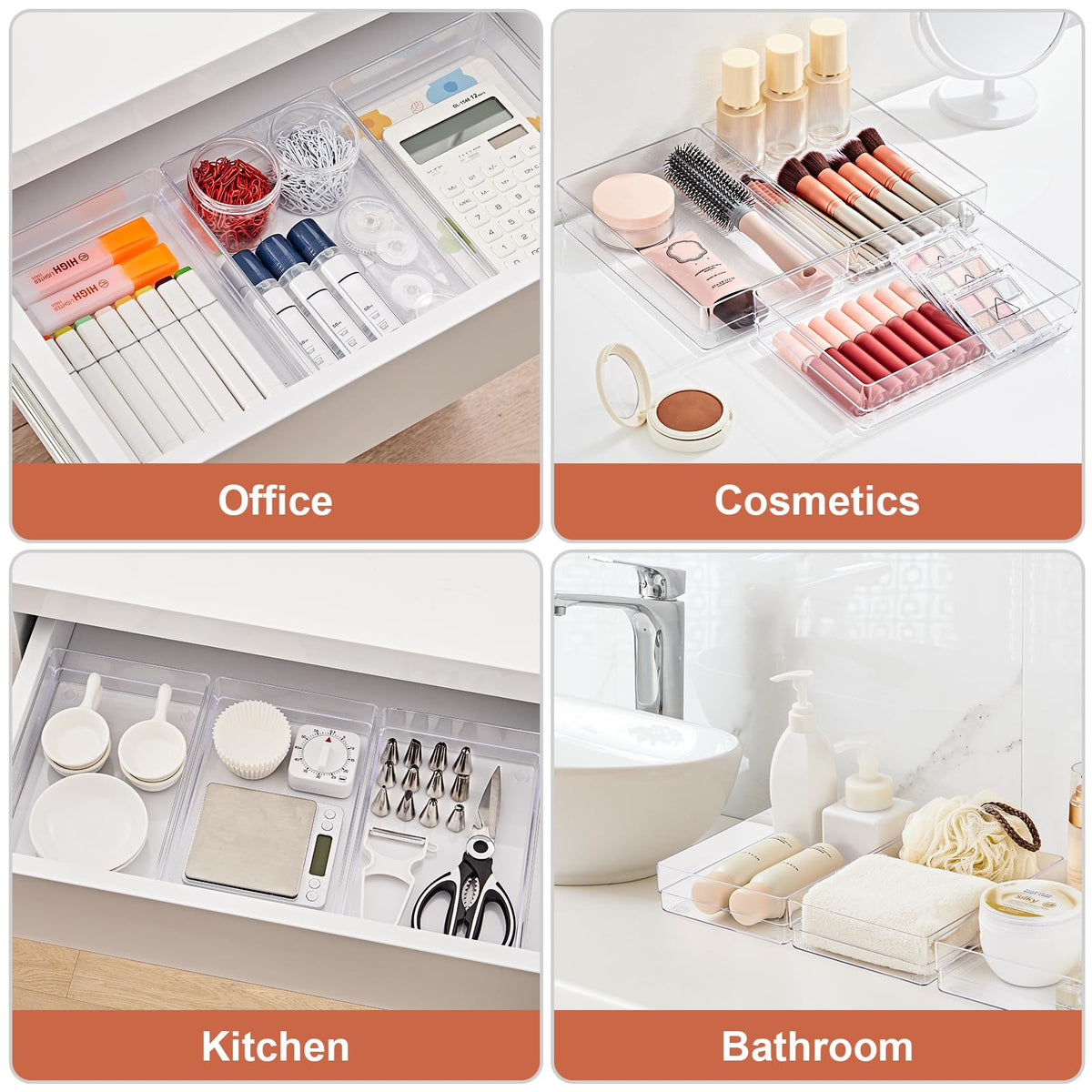 6 PCS Clear Plastic Kitchen Large Size Drawer Organizers Set (6 Count)