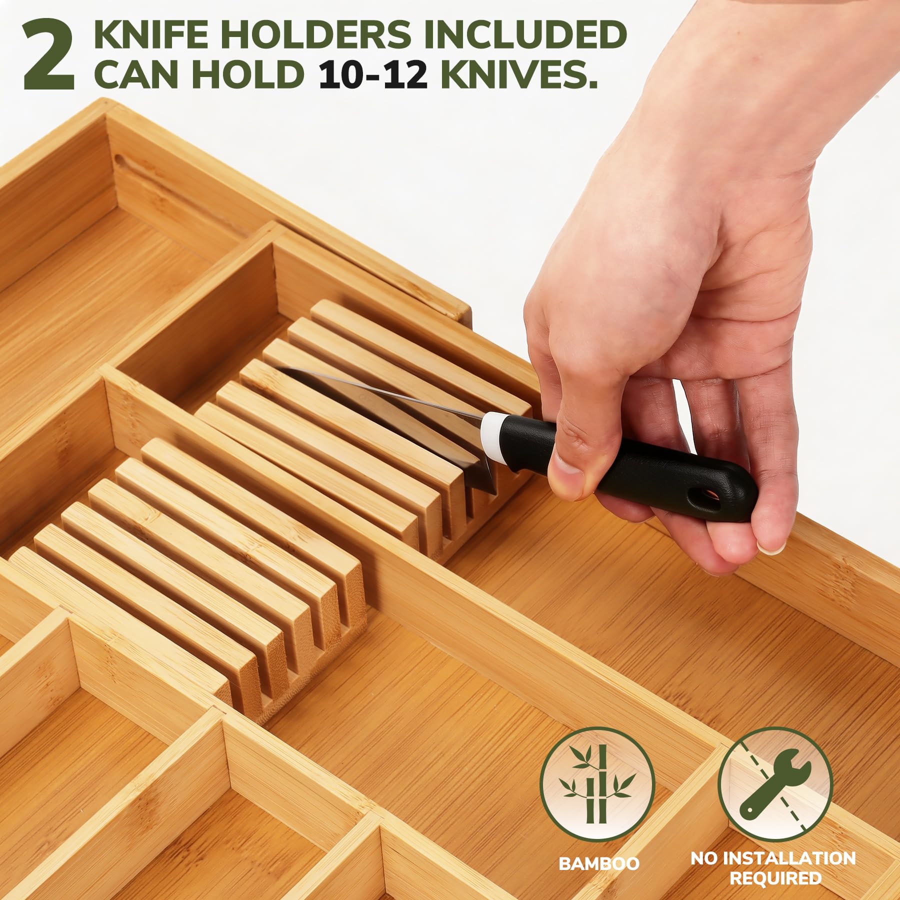 Bamboo Drawer Organizer Expandable Kitchen Silverware Organizer with 7