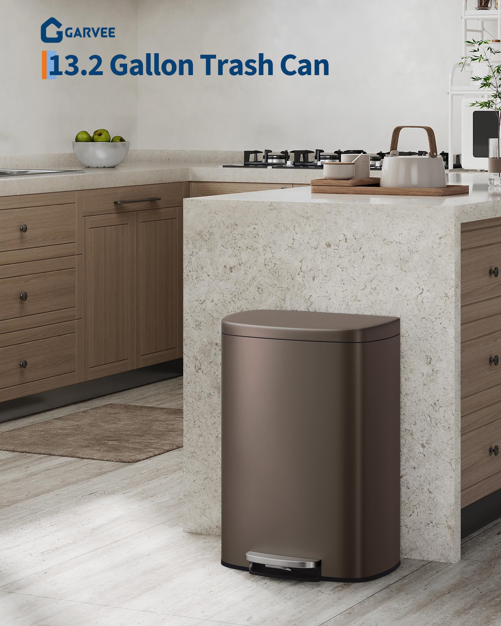 13 gal (50 L) and 2.6 gal (10 L) Metal Trash Can Combo Set, Rustproof Garbage Can with Lid, Step-on Trash Bin with Inner Bucket, Rear Handle, Brown