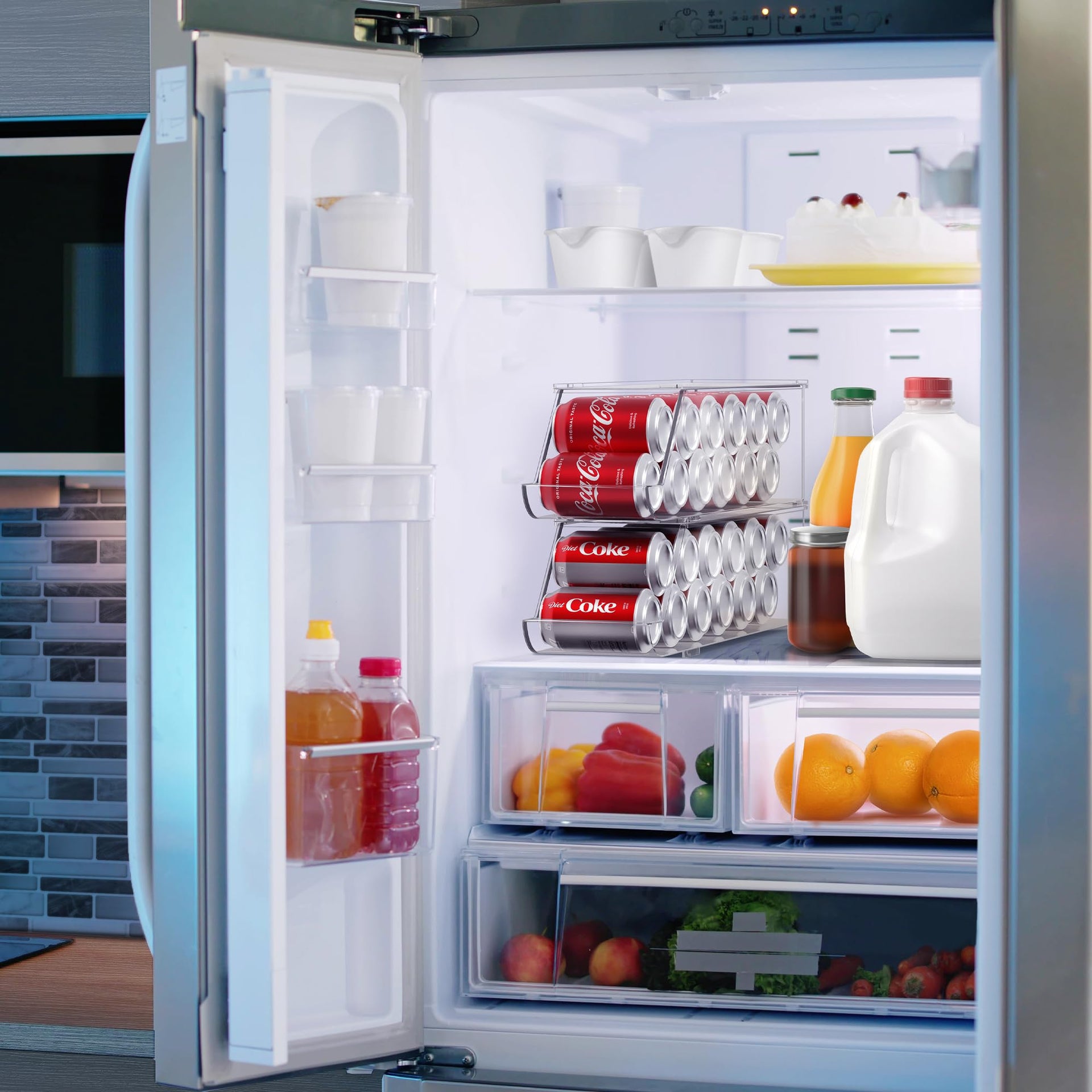 Soda Can Organizer for Refrigerator Stackable Can Holder Dispenser with Lid for Fridge (2 Count)