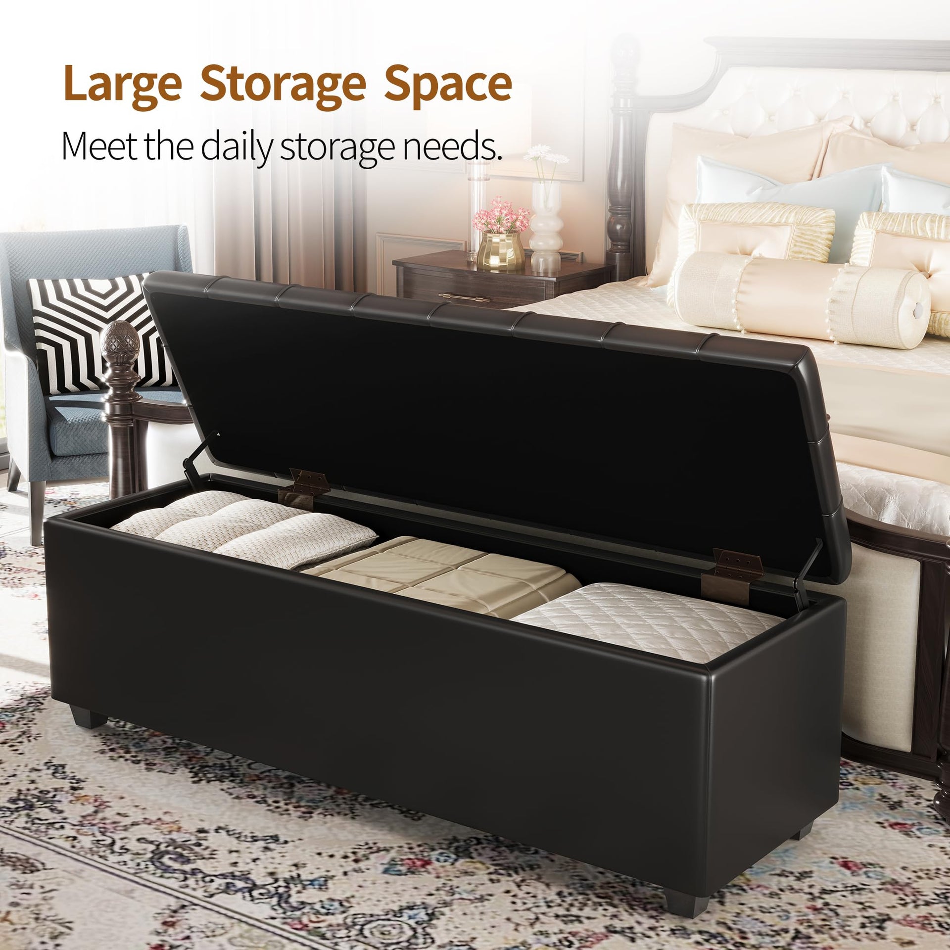 Black 38" Faux Leather Storage Ottoman Bench with Hinged Lid and Footrest