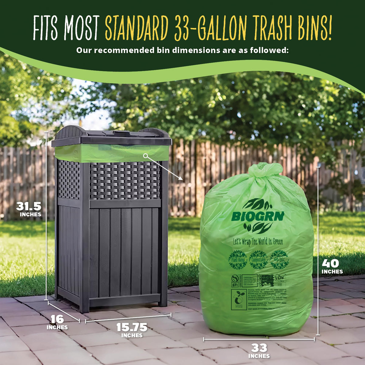 30 33 Gallon Compostable Trash Bags Flat (30 Count)