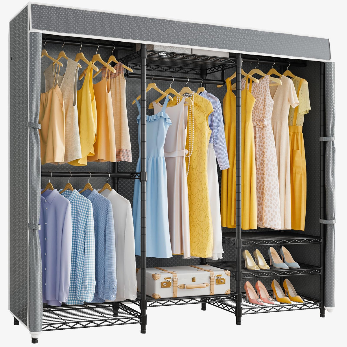 V5C Medium Covered Clothes Rack Heavy Duty Portable Closet Wardrobe