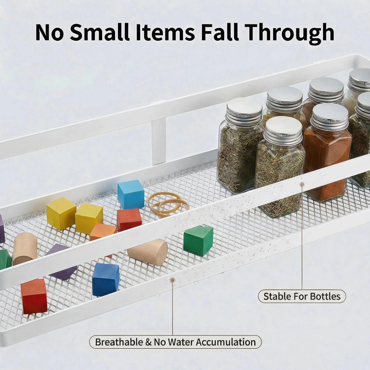 5-in-1 16.5" Extra Long Kitchen Organizer & Shower Caddy Set, Wall Mount Spice Rack with Paper Towel Holder, Utensil Holder & Soap Dish, Rustproof Mesh - White, Guardrail