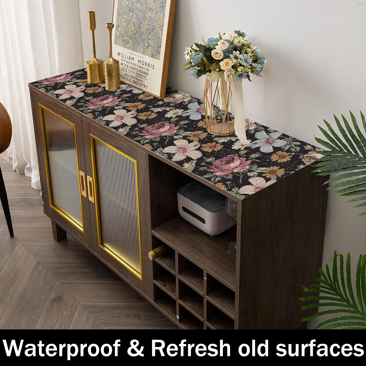 Black Retro Floral Shelf Drawer Liner for Kitchen Non (9.67 Sq Ft)