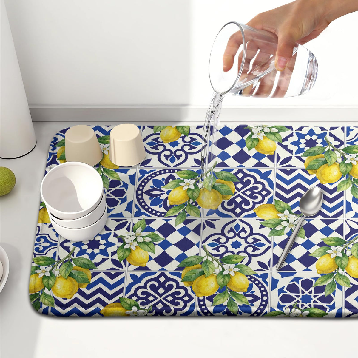 Lemon and Blue Tile Dish Drying Mat 16x18 Inch Absorbent Reversible Mexican Tilt Drying Mat Blue White Italy Lemons Dish Drying Rack Mat Summer Themed Dish Drainer Mat for Kitchen Counter Coffee Bar