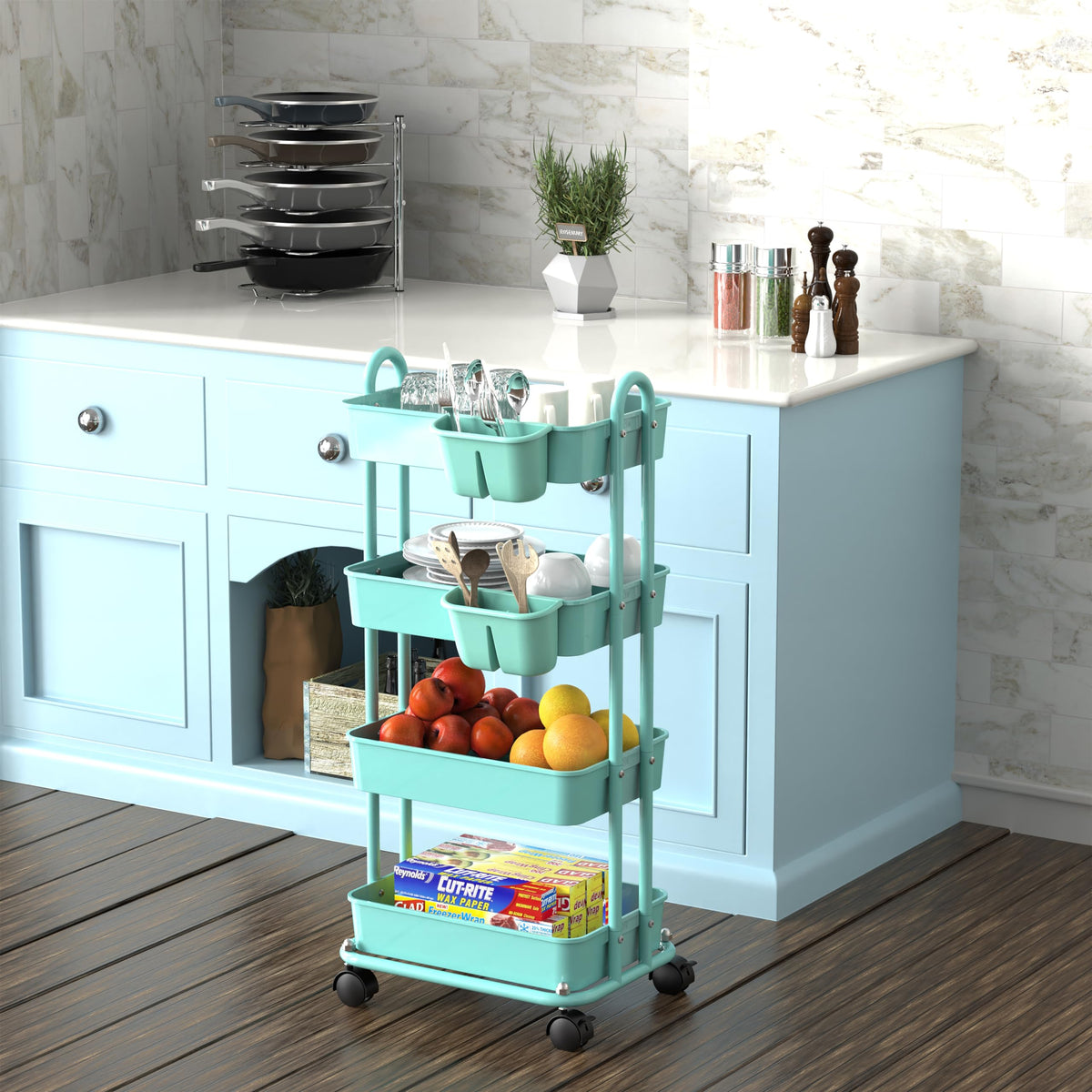 4 Tier Rolling Utility Cart with Hanging Bucket