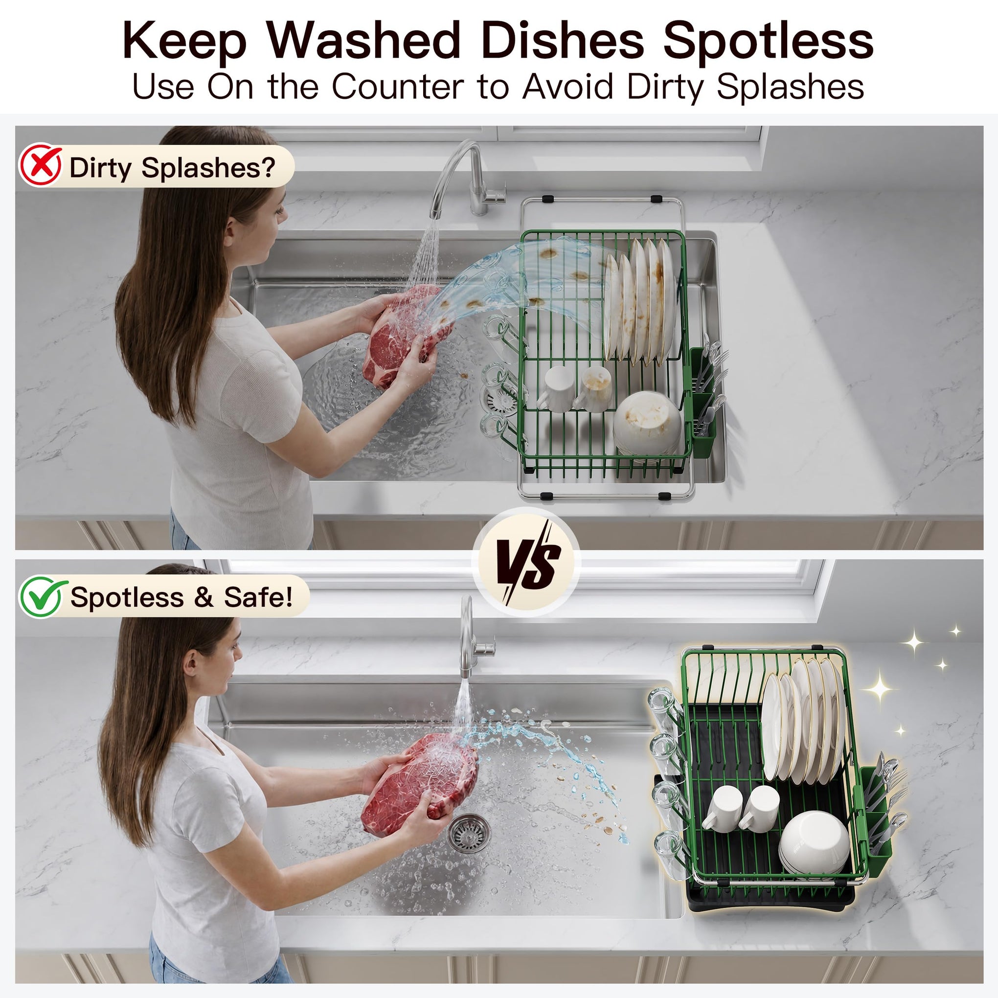 Green Dish Drying Rack in Sink with Drainboard and Utensil Holder