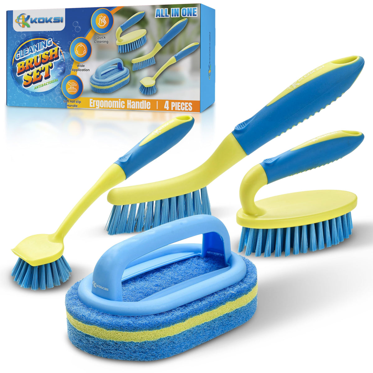 Scrub Brush Set for Bathroom Kitchen Bathtub Toilet Deep Cleaning Brush Tools All Purpose Cleaner Sponge Scrubbing Brushes with Ergonomic Handle (4 Count)