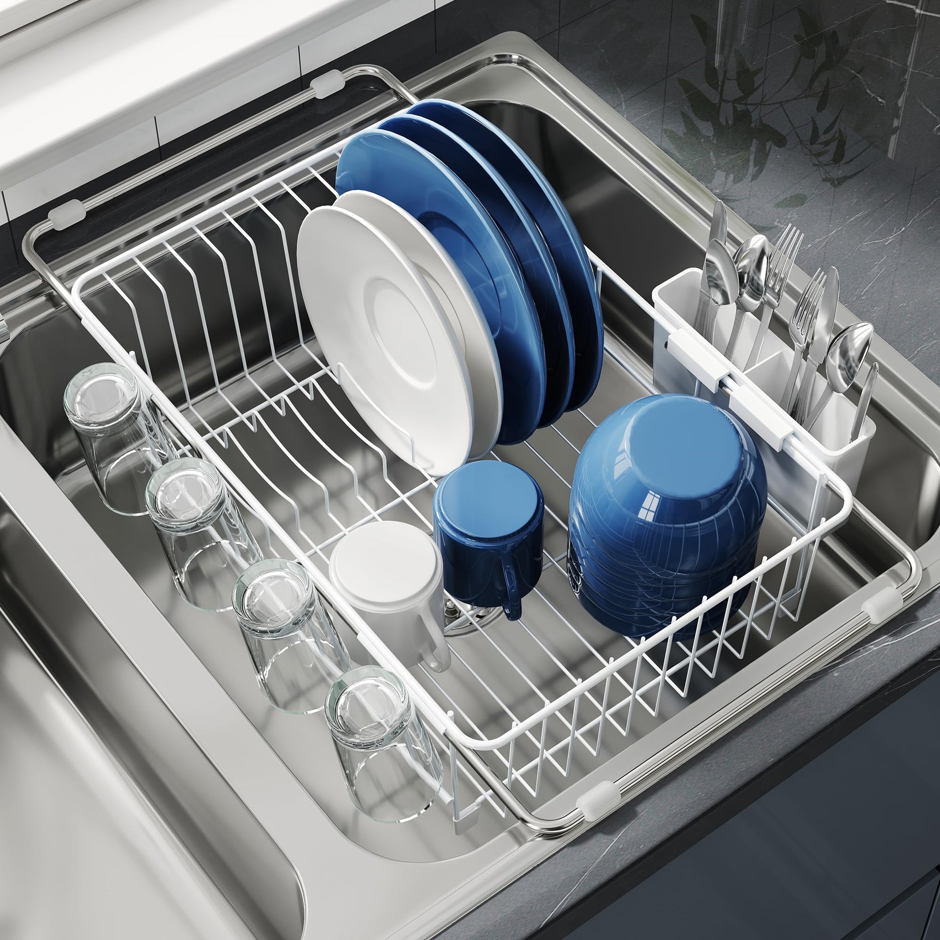 White Dish Drying Rack in Sink