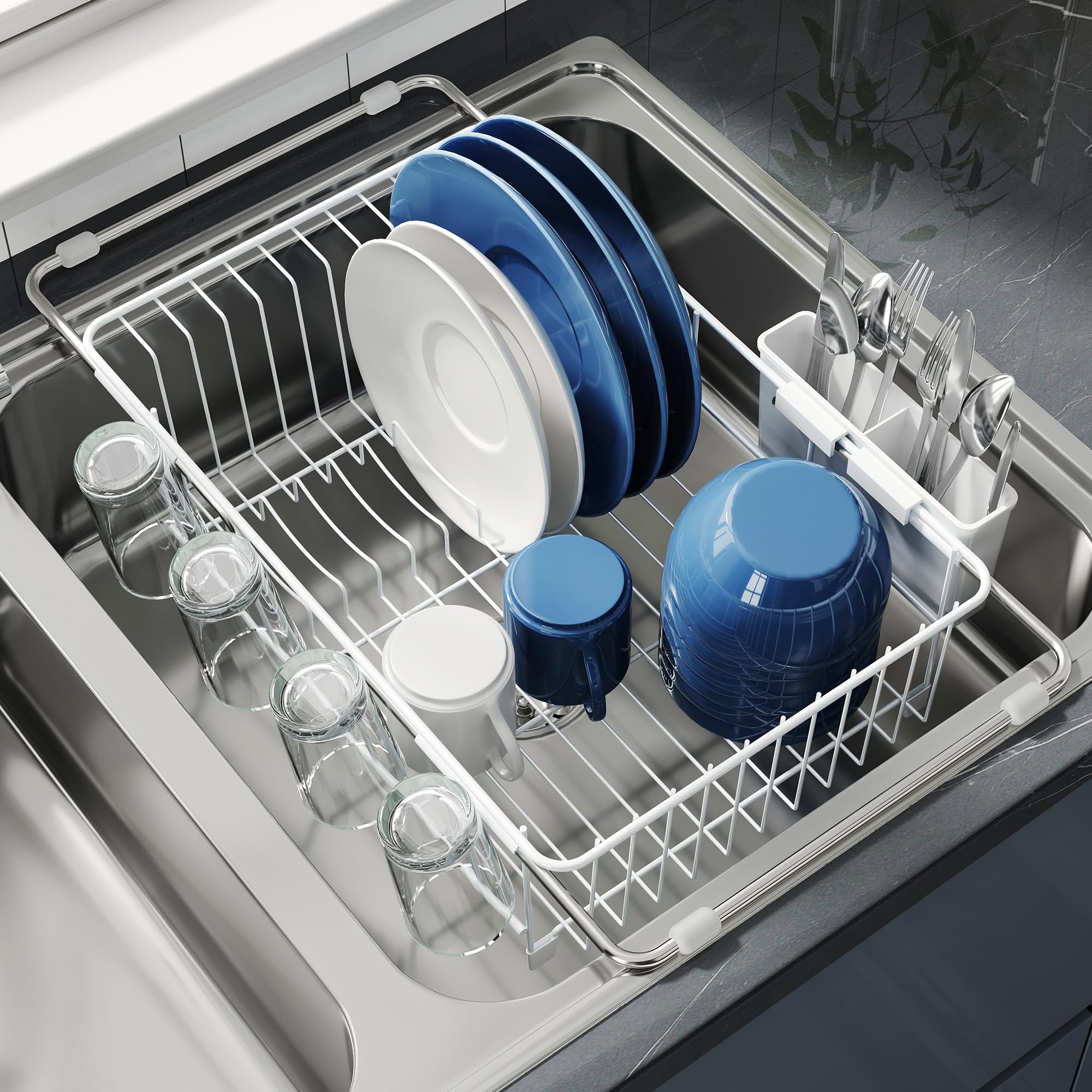 White Dish Drying Rack in Sink