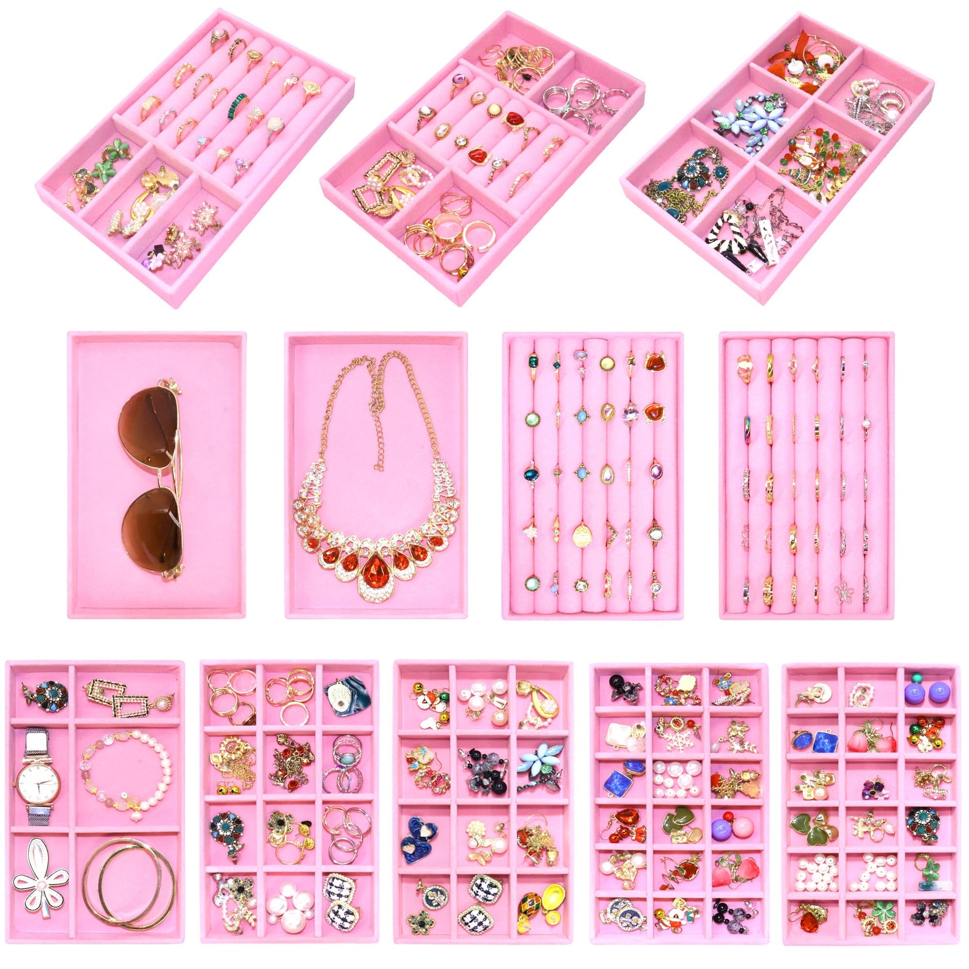 12 Set Jewelry Tray Stackable Velvet Jewelry Organizer Trays for Drawers Inserts Earrings Necklace Rings Jewelry for Women (12 Count)