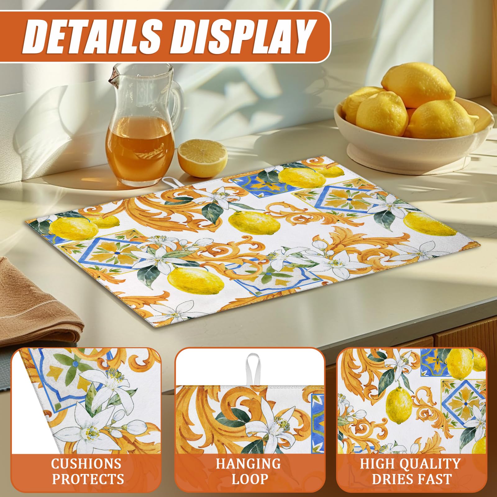Watercolor Lemon Dish Drying Mat for Kitchen Counter Microfiber Absorbent Dish Kitchen Drying Mat Draining Reusable Washable for Dishes