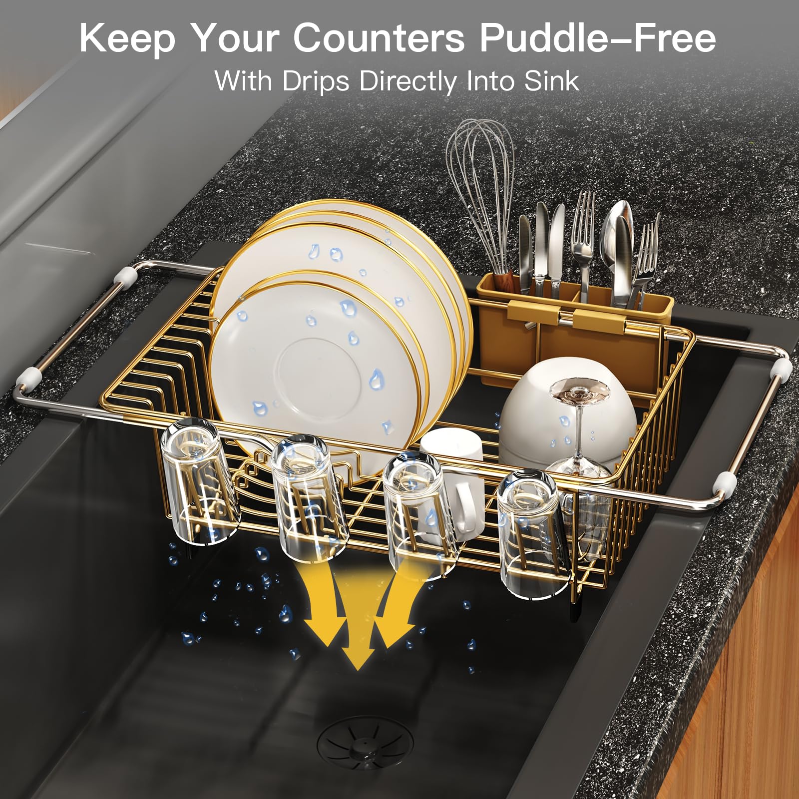 Gold Dish Drying Rack Over The Sink with Utensil Holder