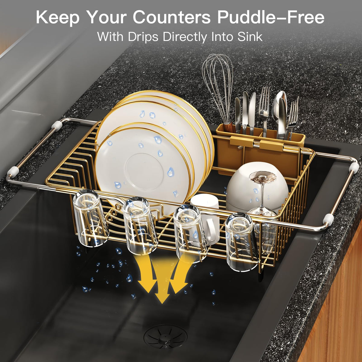 Gold Dish Drying Rack Over The Sink with Utensil Holder