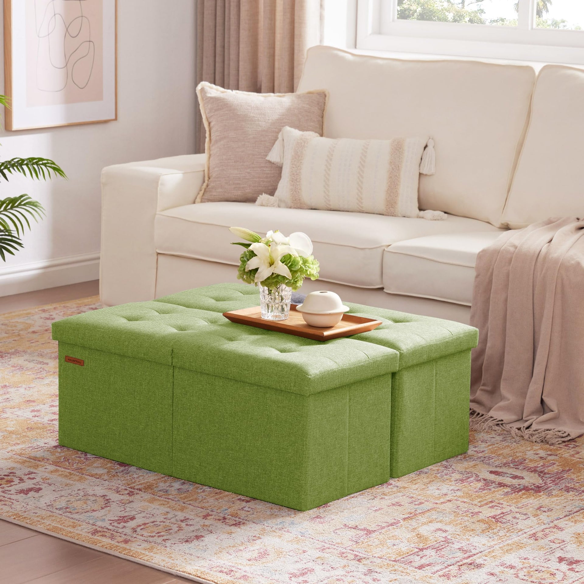 Ottoman with Storage Bench Folding Foot Rest Stool Linen Avocado