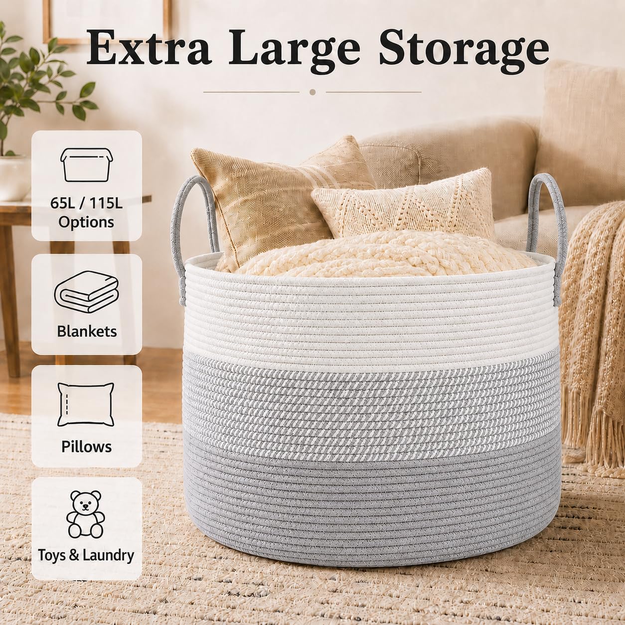 115L Extra Large Machine Washable Cotton Rope Blanket Basket