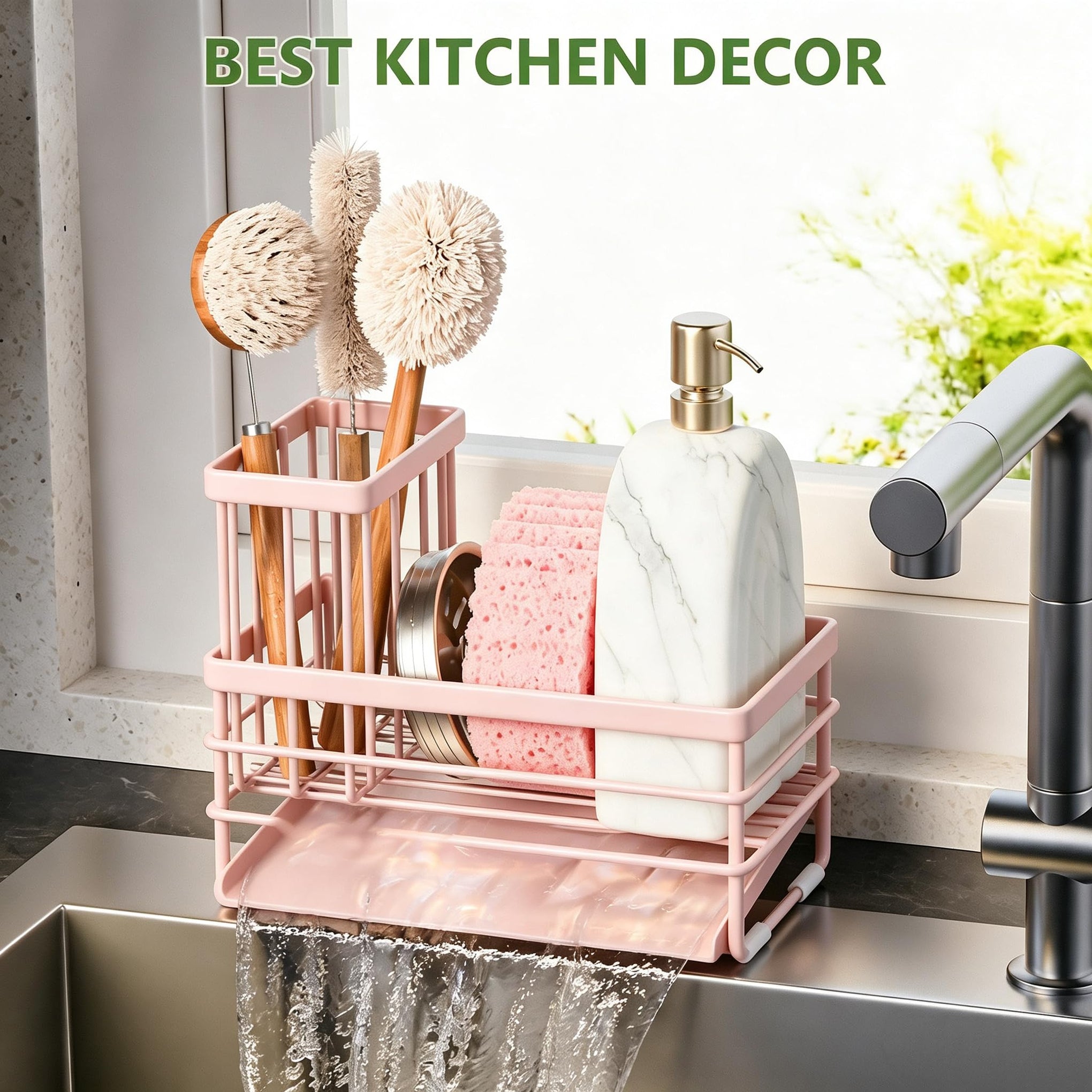 Pink Sink Caddy Sponge Holder for Kitchen with Brush Holder and Stainless Steel Self Drain Tray
