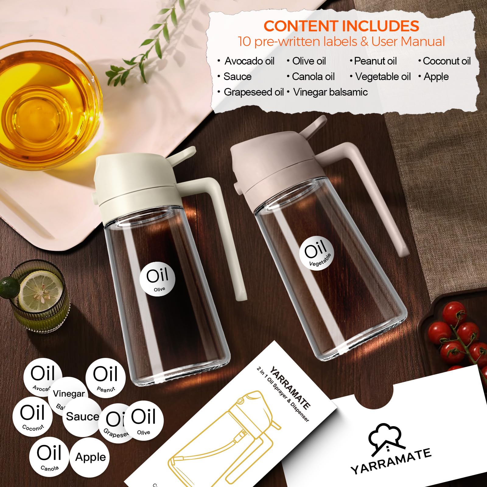 16oz 470ml Glass Olive Oil Sprayer for Cooking with Stickers