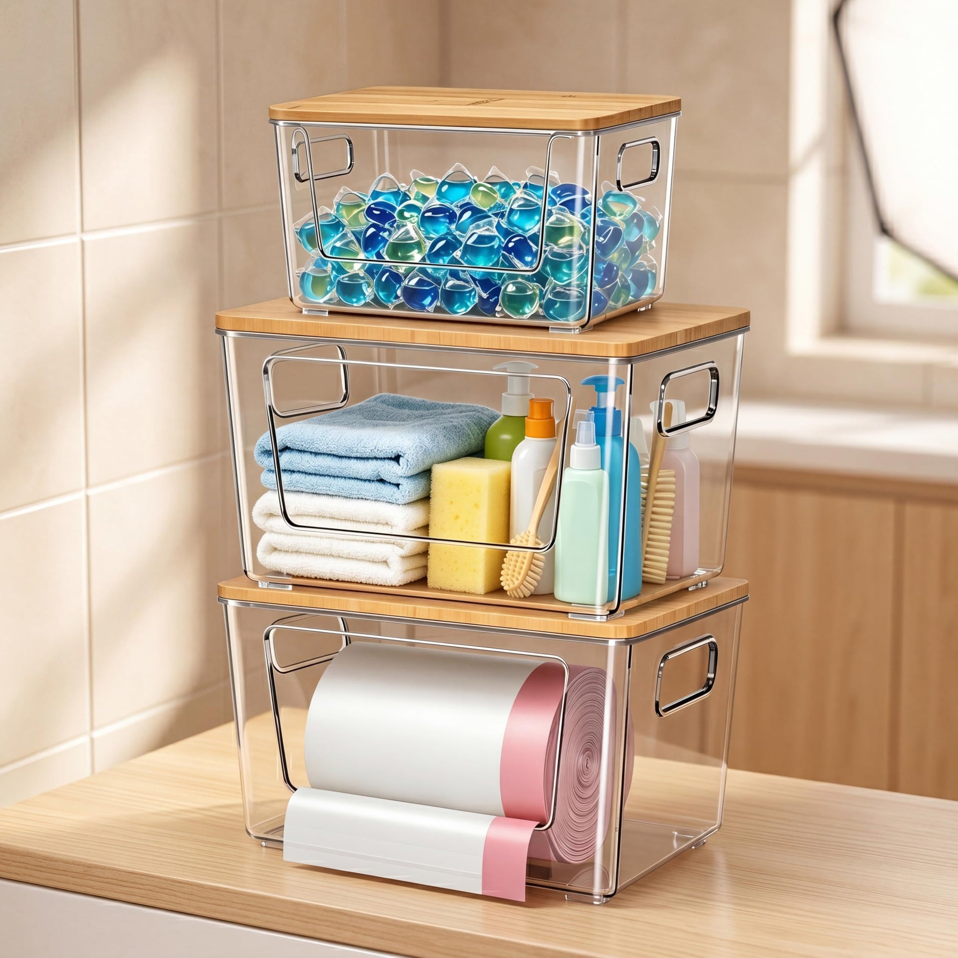 3 Pack Trash Bag Holder with Bamboo Lid Stackable Trashbag Dispenser