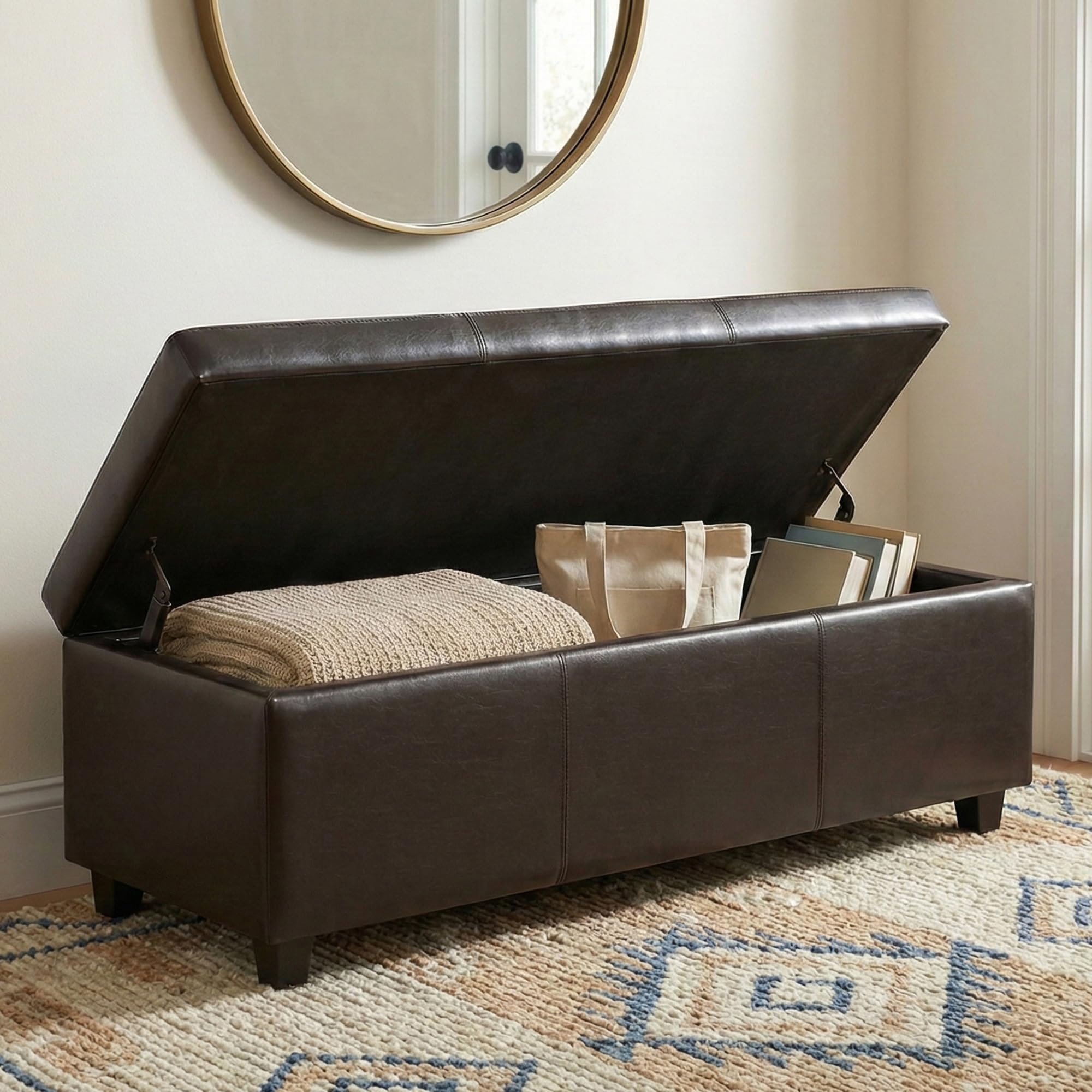 Avalon 48" Wide Vegan Leather Storage Ottoman in Tanners Brown
