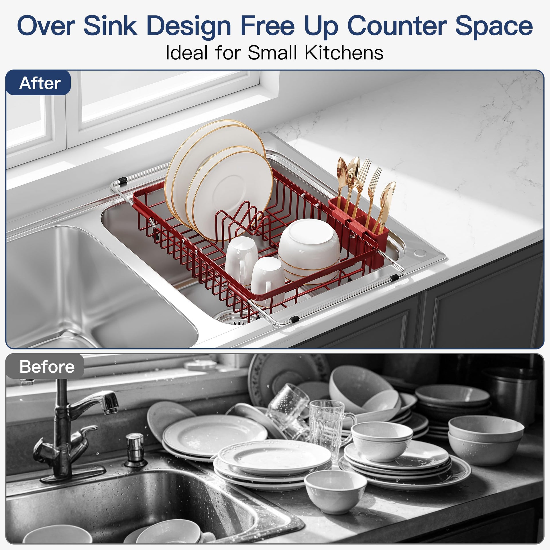 Red Dish Drying Rack Over the Sink with Utensil Holder