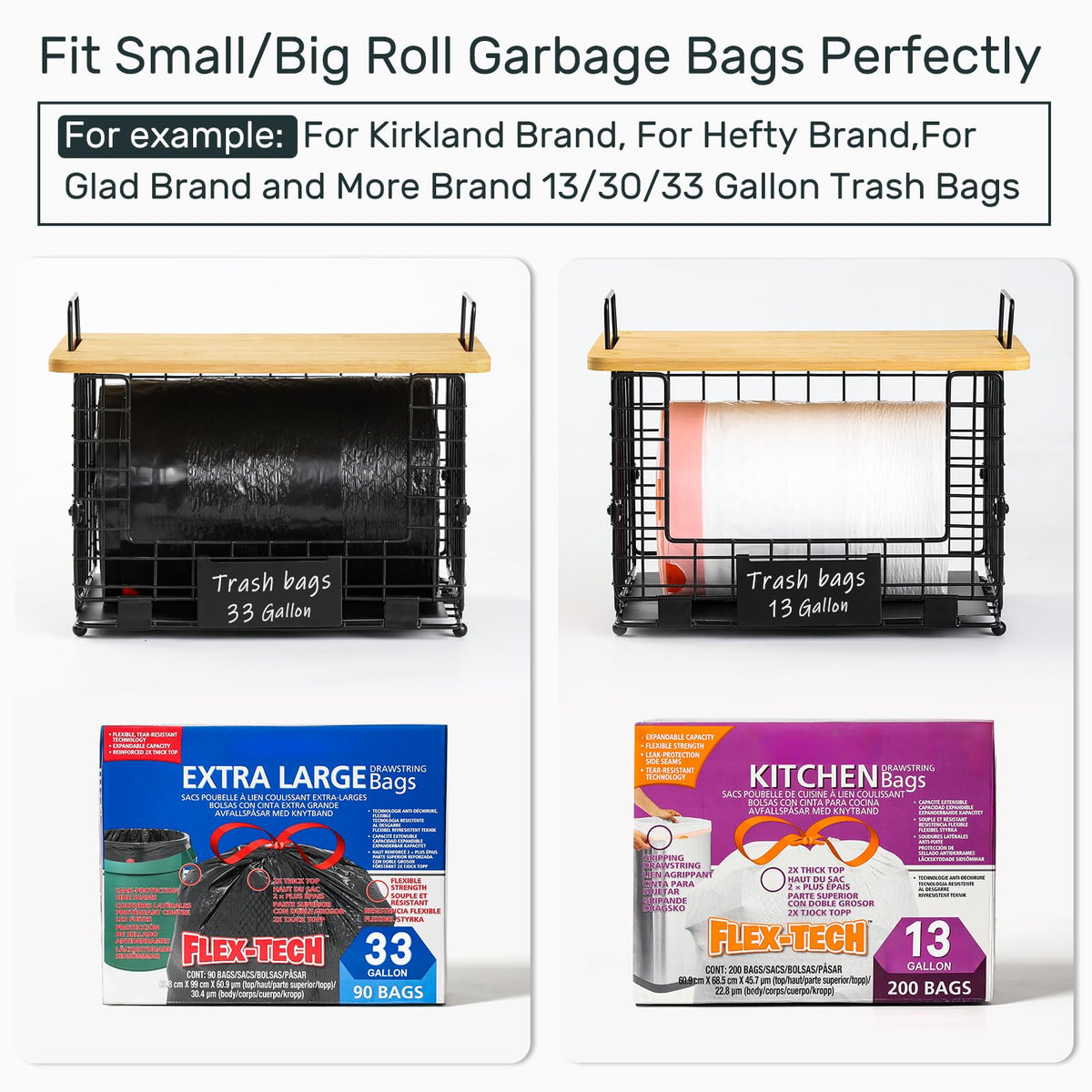 1 Pack Stackable Storage Trash Bag Baskets with Bamboo Top