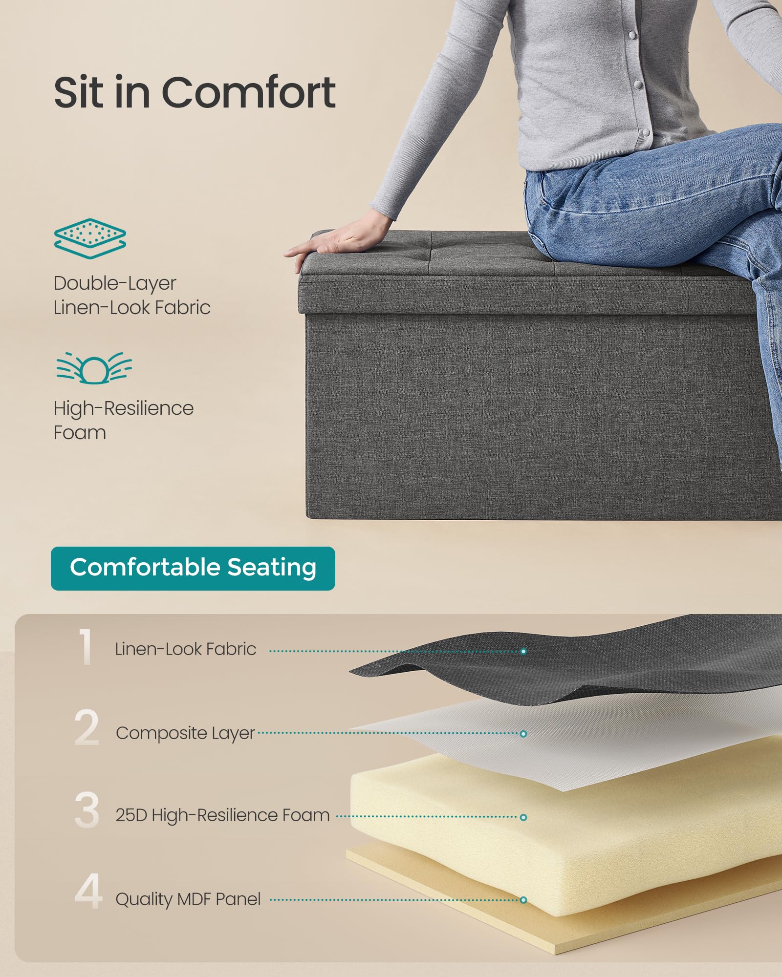 30 Inches Folding Storage Ottoman Bench