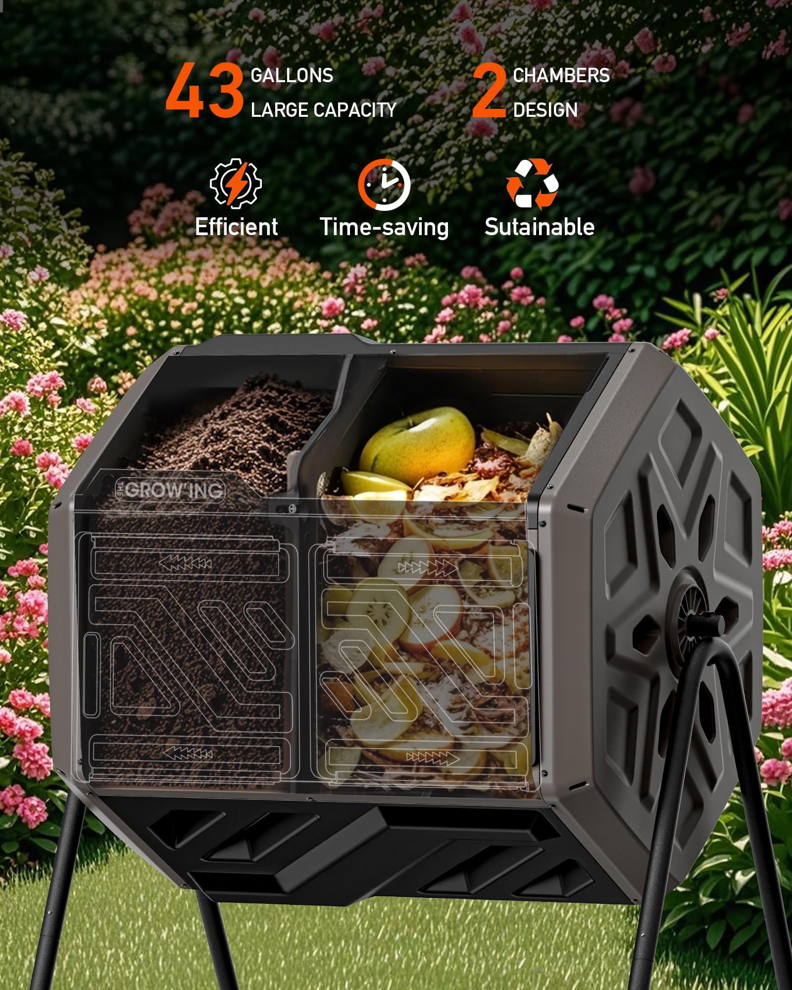 THE Growing 43 Gal Outdoor Compost Bin Tumbler for Backyard Garden