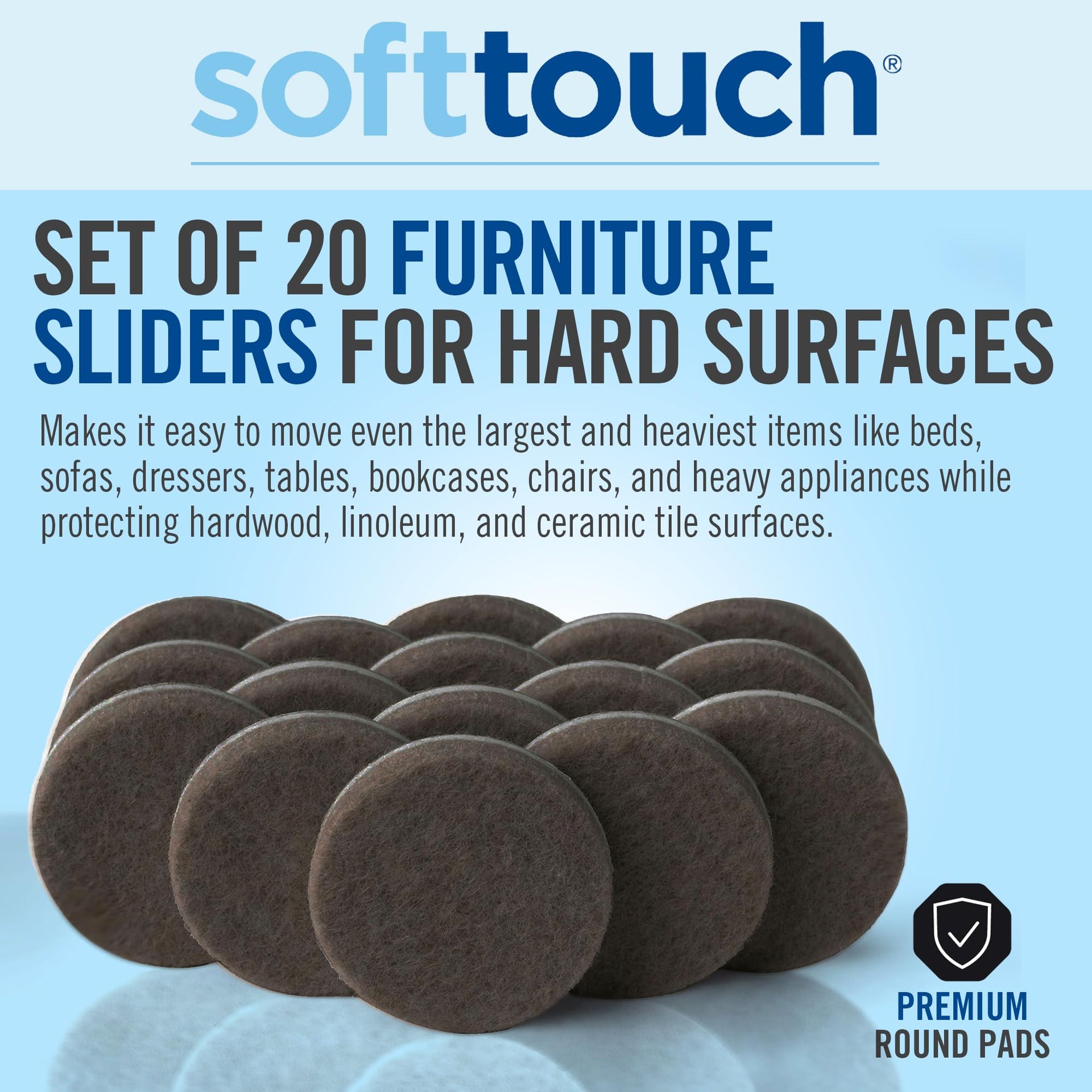 3 4" Round Reusable Felt Furniture Sliders for Hard Surfaces (20 Count)
