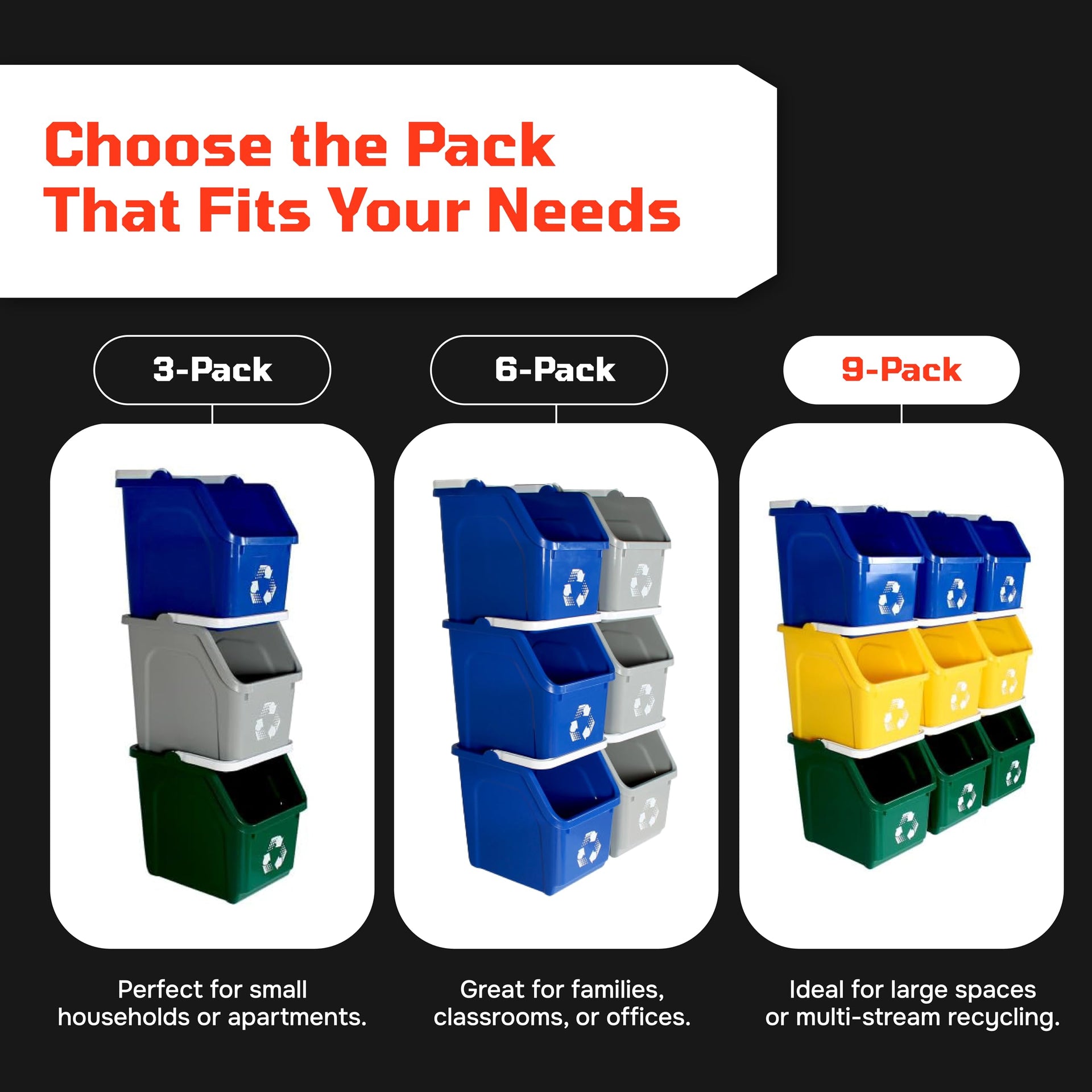 Multi Bin Recycling System with Three Stackable 6 Gallon Small (3 Count)