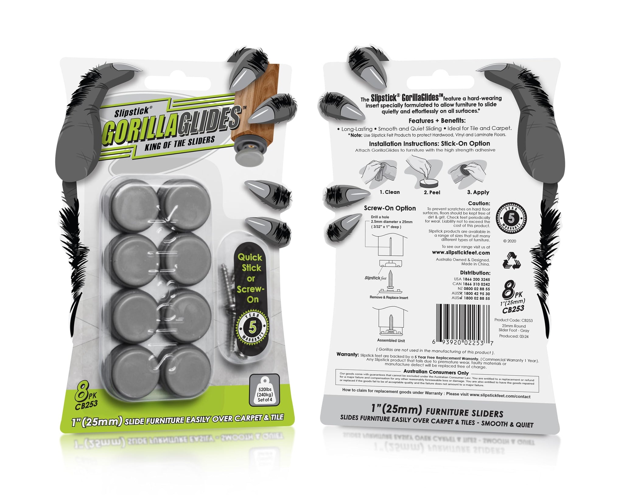 GorillaGlides CB253 1 Inch Chair Sliders (8 Count)