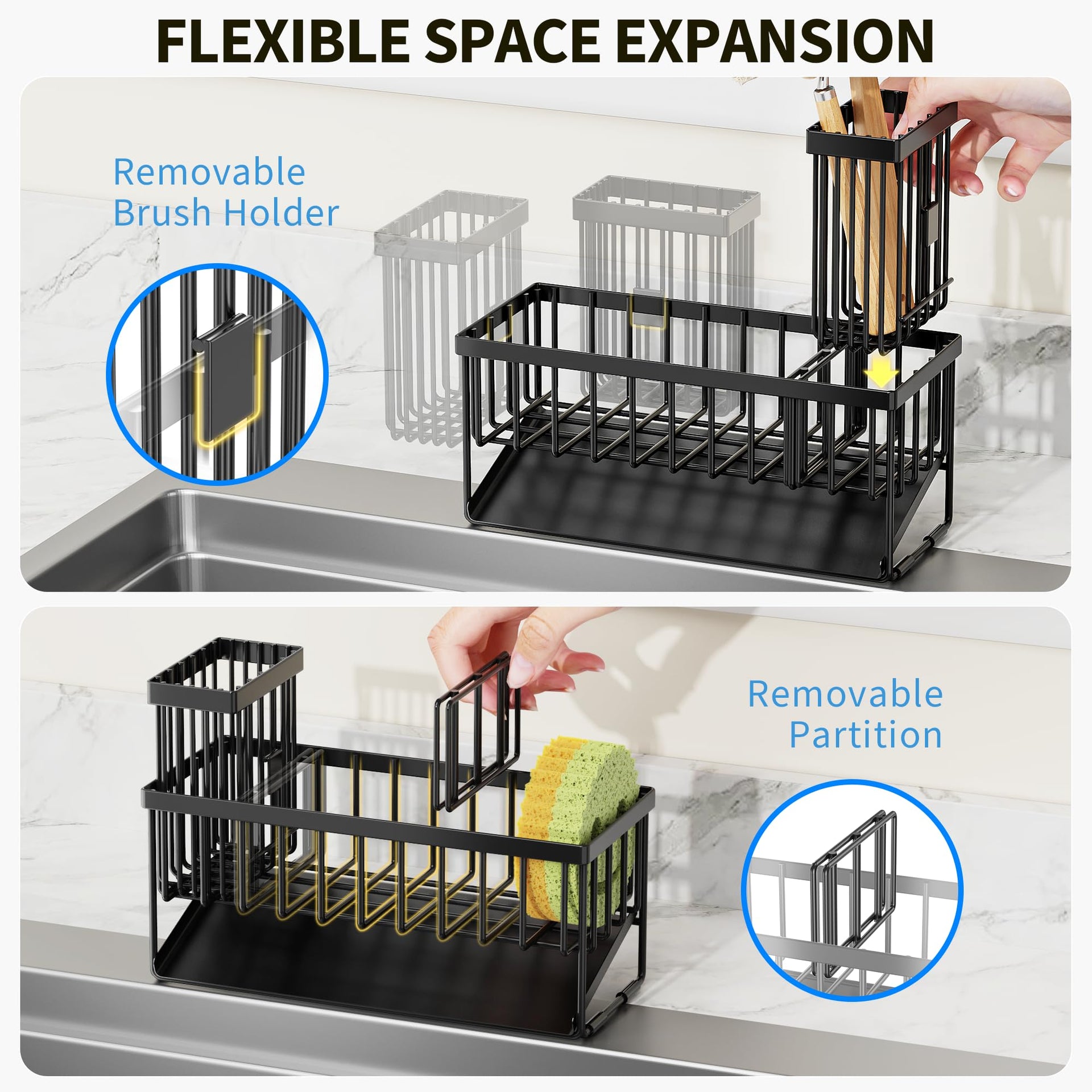 Sink Caddy Sponge Holder for Kitchen with Brush Holder and Stainless Steel Self Drain Tray