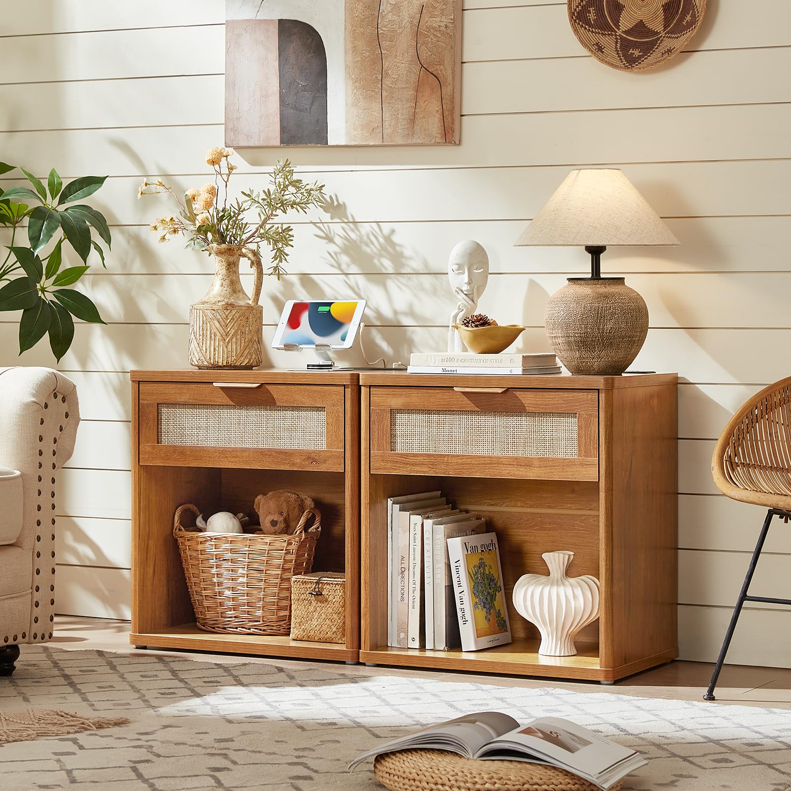 Rattan Nightstand with Charging Station