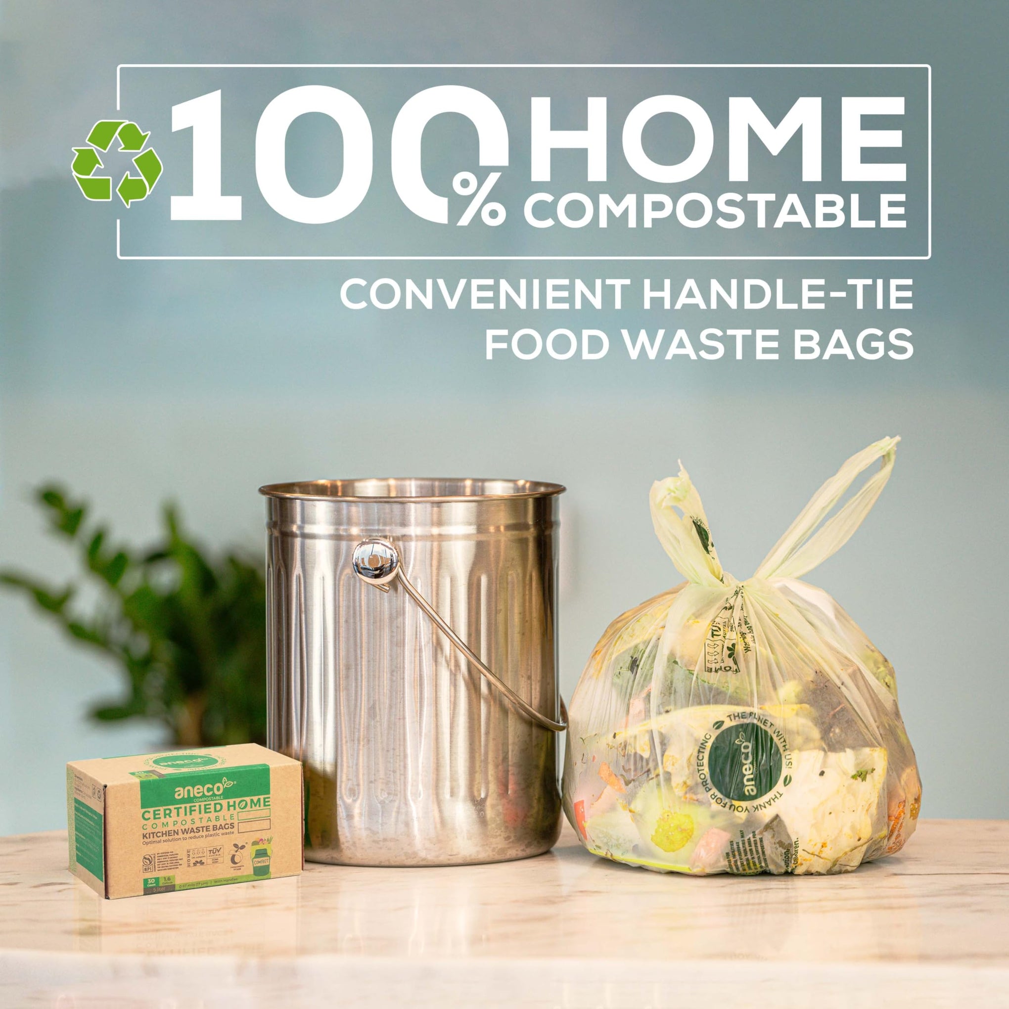 100% Compostable Food Waste Bags 1.6 Gallon With Handles (30 Count)