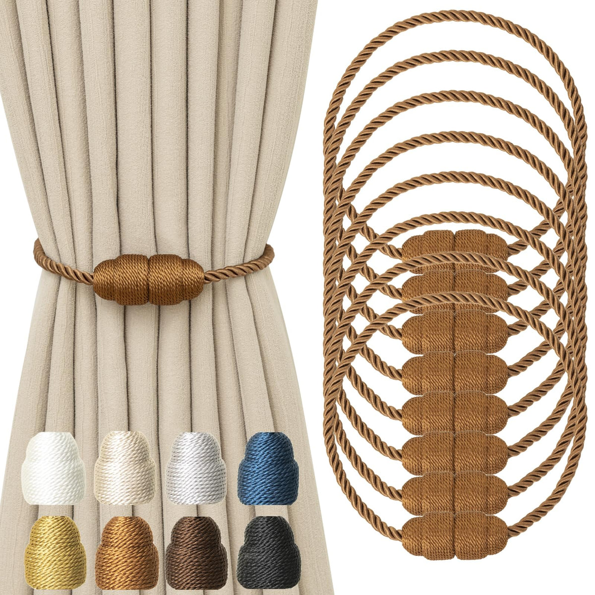Magnetic Curtain Tiebacks Rope Curtain Tie Backs for Curtains 8 Pack Curtain Holders for Drapes Decorative Window Curtain Holdbacks (8 Count)
